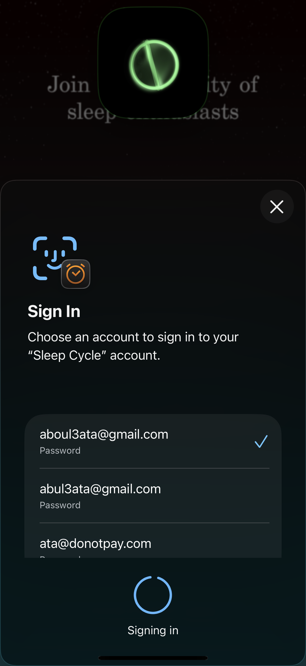 sleep-cycle login screenshot